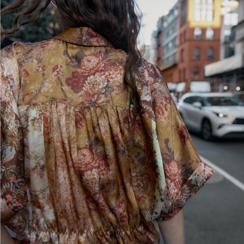 Zara Floral Satin Crop Blouse in Mustard and Pink - Picture 7 of 7